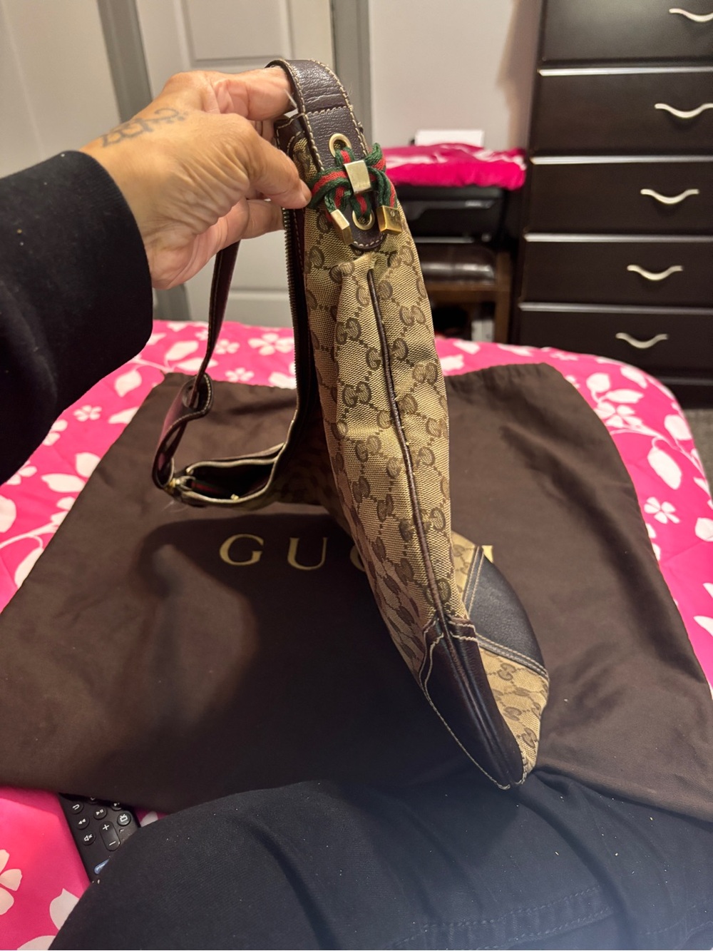 Gucci Beige GG Canvas Shoulder Bag with Brown Leather Trim and Green-Red Web